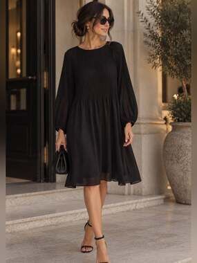 Italian Pistache Georgette Shift Dress Black Pleated Chiffon Event Dress Size L